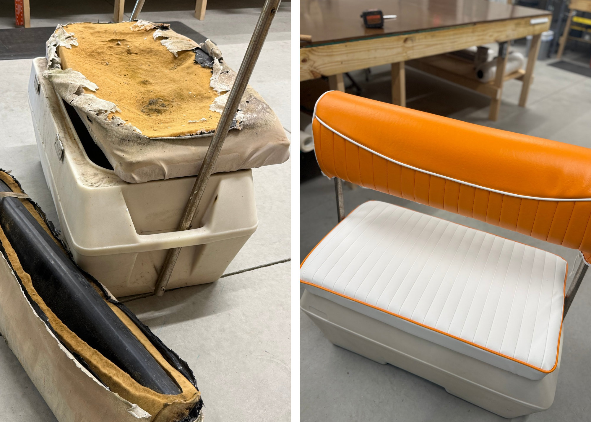 Before and after boat seat upholstery restoration — student class project
